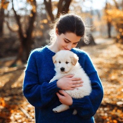 Woman holding golden retriever puppy