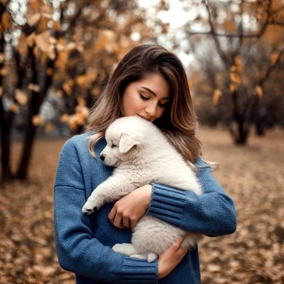 Woman holding white puppy in autumn forest