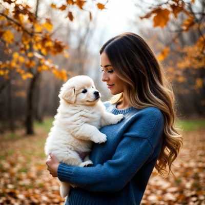 Woman holding golden retriever puppy