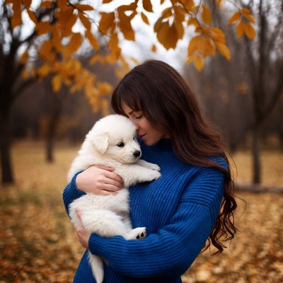 Woman holding white puppy in autumn forest
