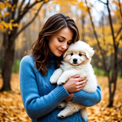 Woman holding white puppy in autumn forest