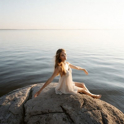 Woman in white lingerie on lakeside rock