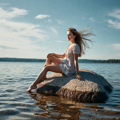 Woman sitting on rock by lake
