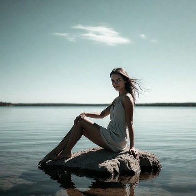 Woman sitting on rock by lake