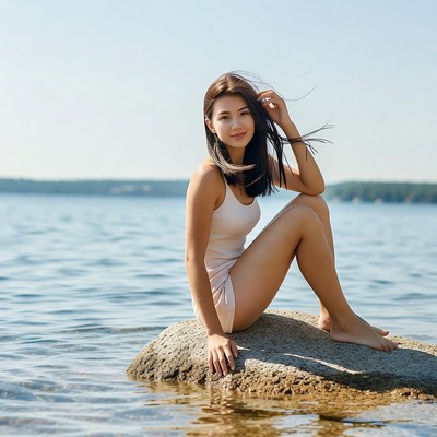 Asian woman sitting on rock by lake