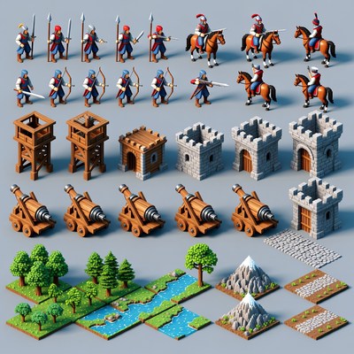 3D Isometric Medieval Soldiers and Terrain Tiles