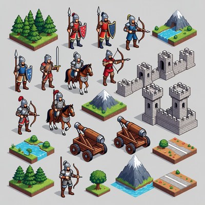 Isometric Medieval Knights and Castle Elements