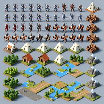 Isometric Medieval Army Village Landscape
