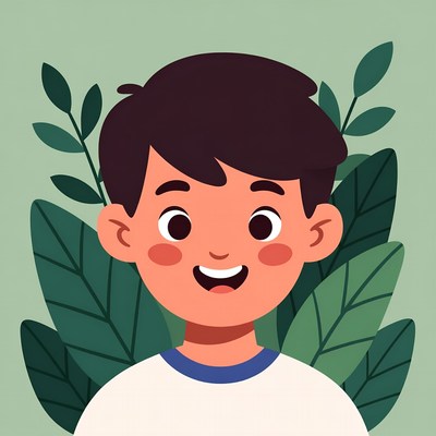 Smiling boy surrounded by green leaves