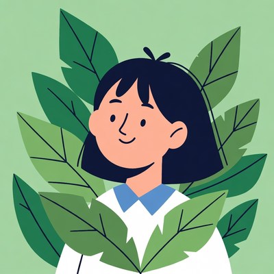 Girl smiling among green leaves