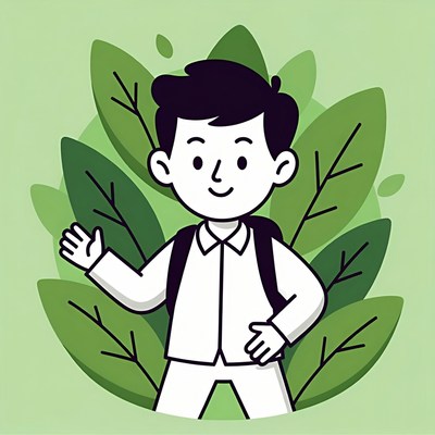 Boy waving with backpack in leaves