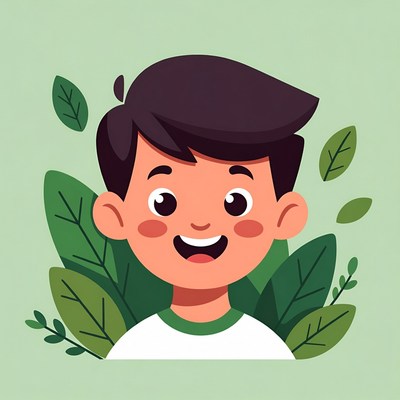 Smiling Boy with Green Leaves
