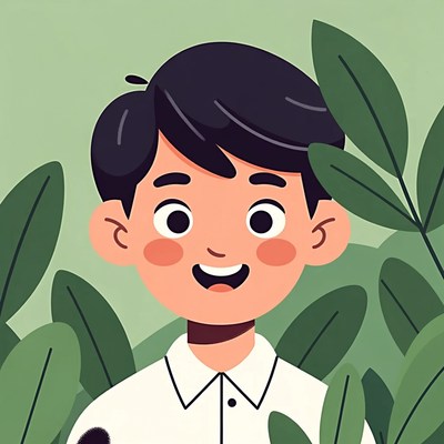 Smiling Asian boy surrounded by leaves