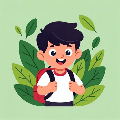 Happy boy with backpack and leaves