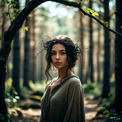 Woman with twig crown in forest