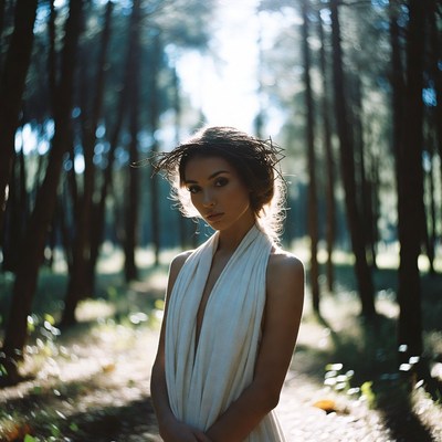 Woman in white dress in forest