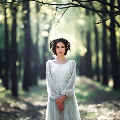 Woman in white dress in forest