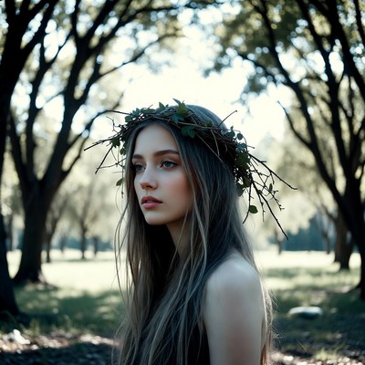 Woman with leaf crown in forest
