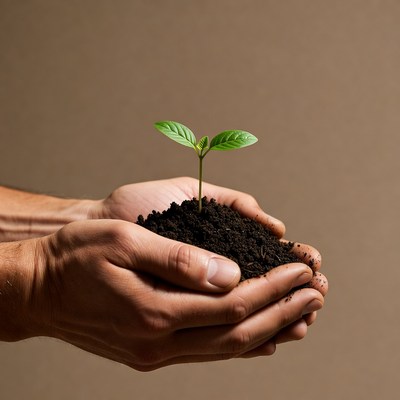 Man's hands holding young plant