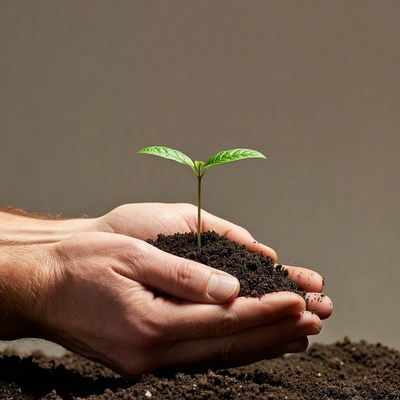 Hands holding young plant sprout