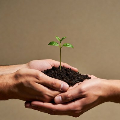 Hands holding young plant in soil