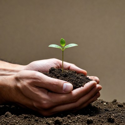Man's hands holding young plant