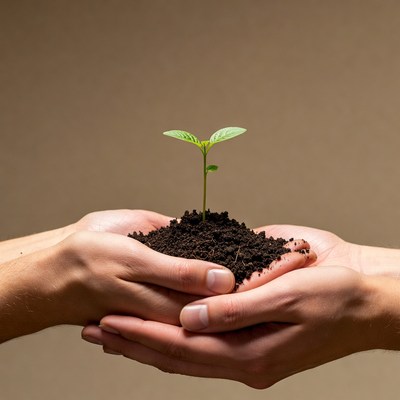 Hands holding young plant in soil