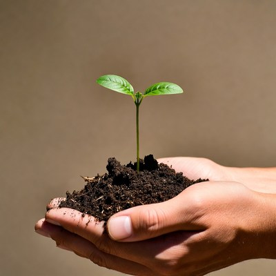 Hands holding young plant sprout