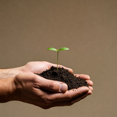 Hands holding young plant in soil