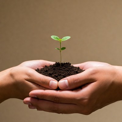 Hands holding young plant in soil