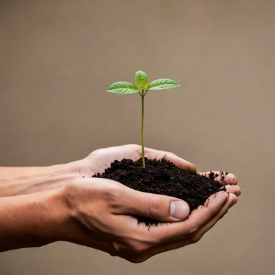 Man's hands holding young plant