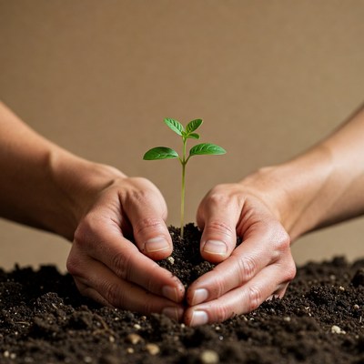 Hands holding young green sprout