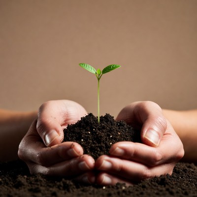 Hands holding young plant in soil