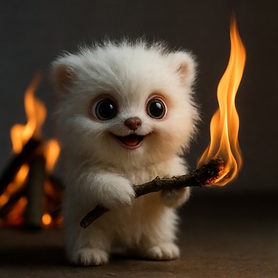 Cute white puppy holding torch