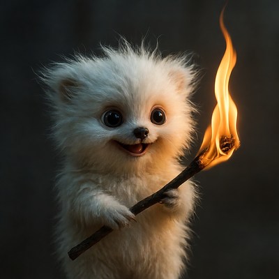 Fluffy Pomeranian Puppy Holding Torch