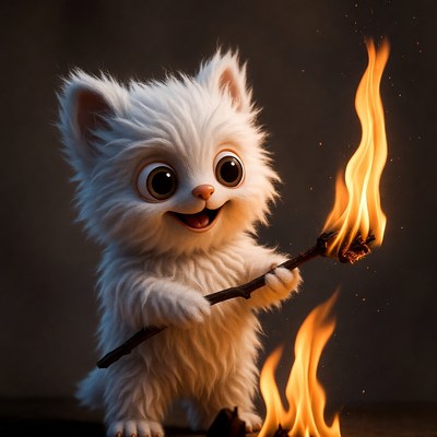 Cute white kitten holding flaming stick