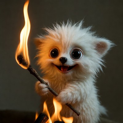 Fluffy white Pomeranian holding lit match