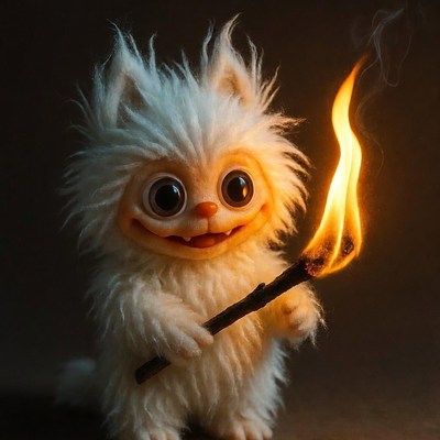 Fluffy White Cat Monster Holding Torch