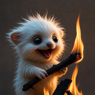 Cute white hedgehog holding fire stick