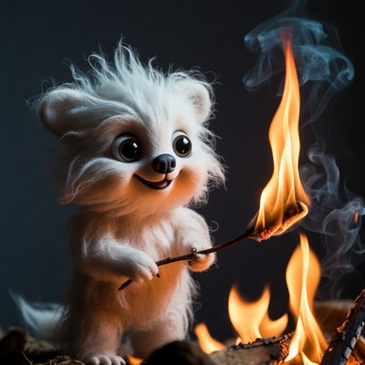 Cute white fox roasting marshmallow