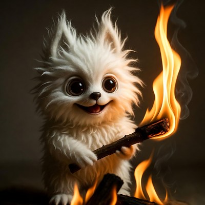 Cute white Pomeranian holding torch