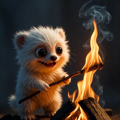 Cute fluffy Pomeranian roasting marshmallow