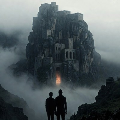 Two Men Gazing at Foggy Cliffside Castle