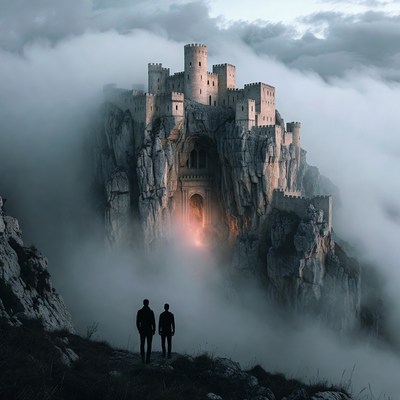 Two Men Gazing at Misty Castle