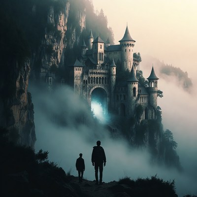 Two boys viewing misty mountain castle