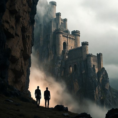 Two Men Silhouetted Before Misty Castle