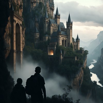 Silhouetted hikers viewing cliffside castle