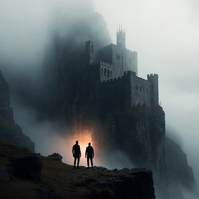Two Men Silhouettes Before Foggy Castle