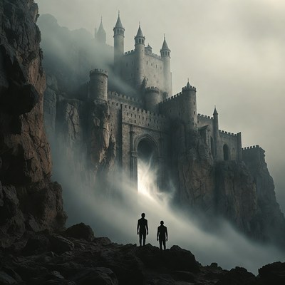 Two Men Gazing at Misty Castle