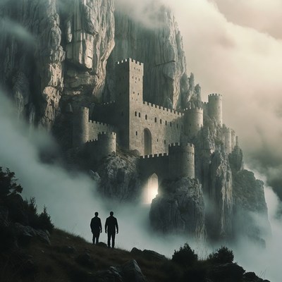 Two men approaching misty mountain castle
